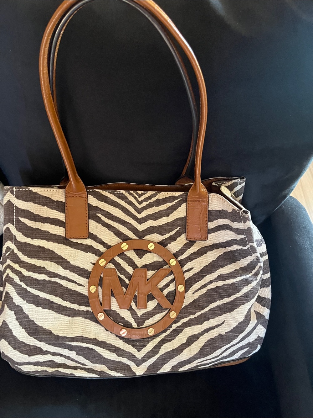 Michael Kors Zebra-Print Tote with Tan Leather Trim